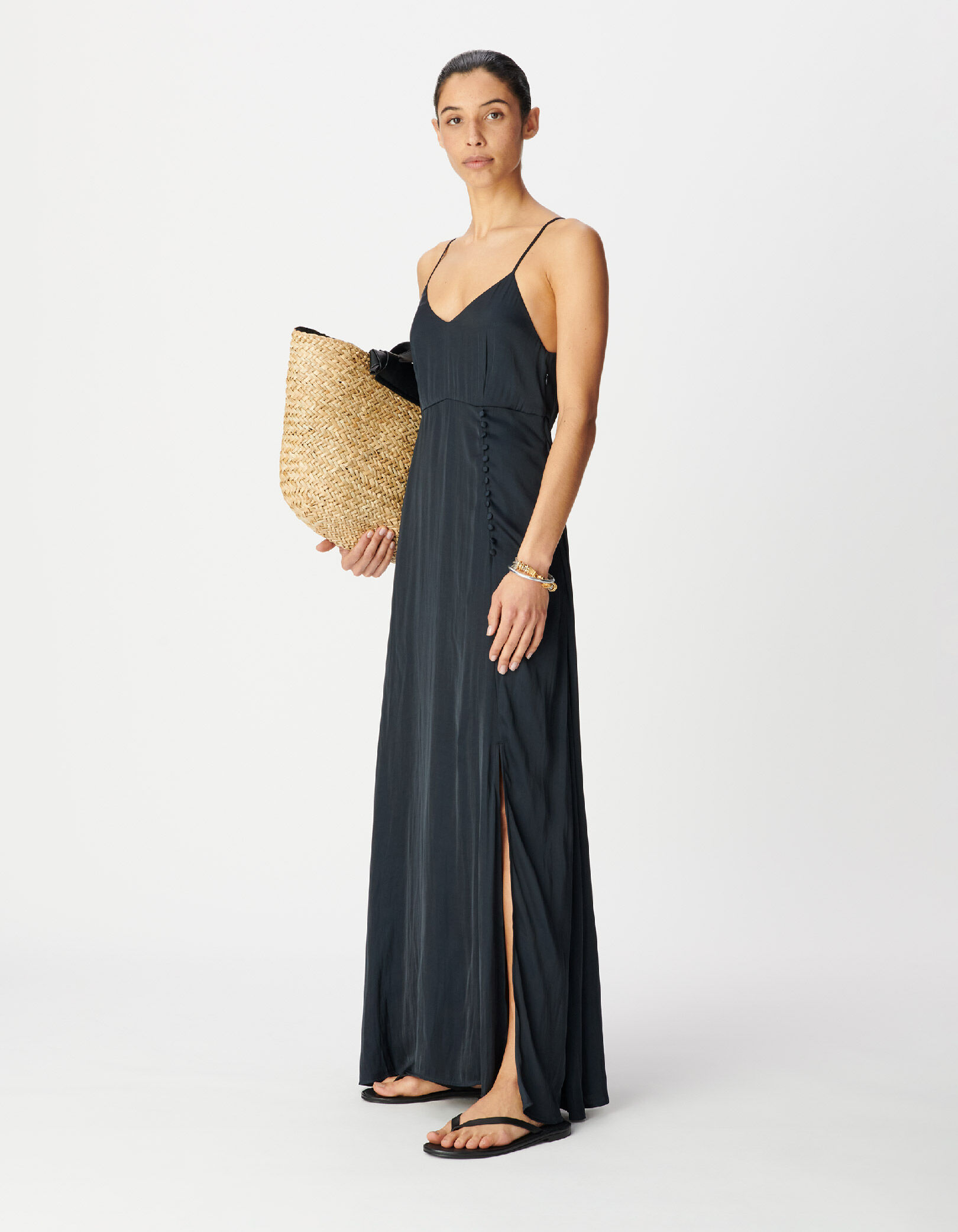Robe longue marine fines bretelles détails boutons Femme