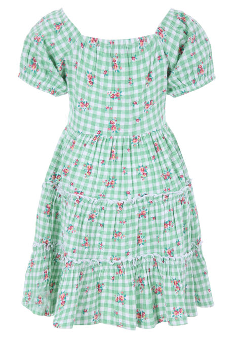Younger Girls Green Gingham Floral Dress