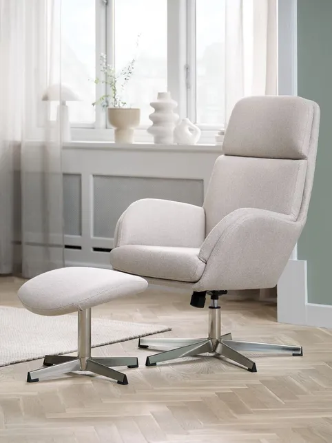 Lænestol m/fodskammel TANKEDAL beige stof/krom