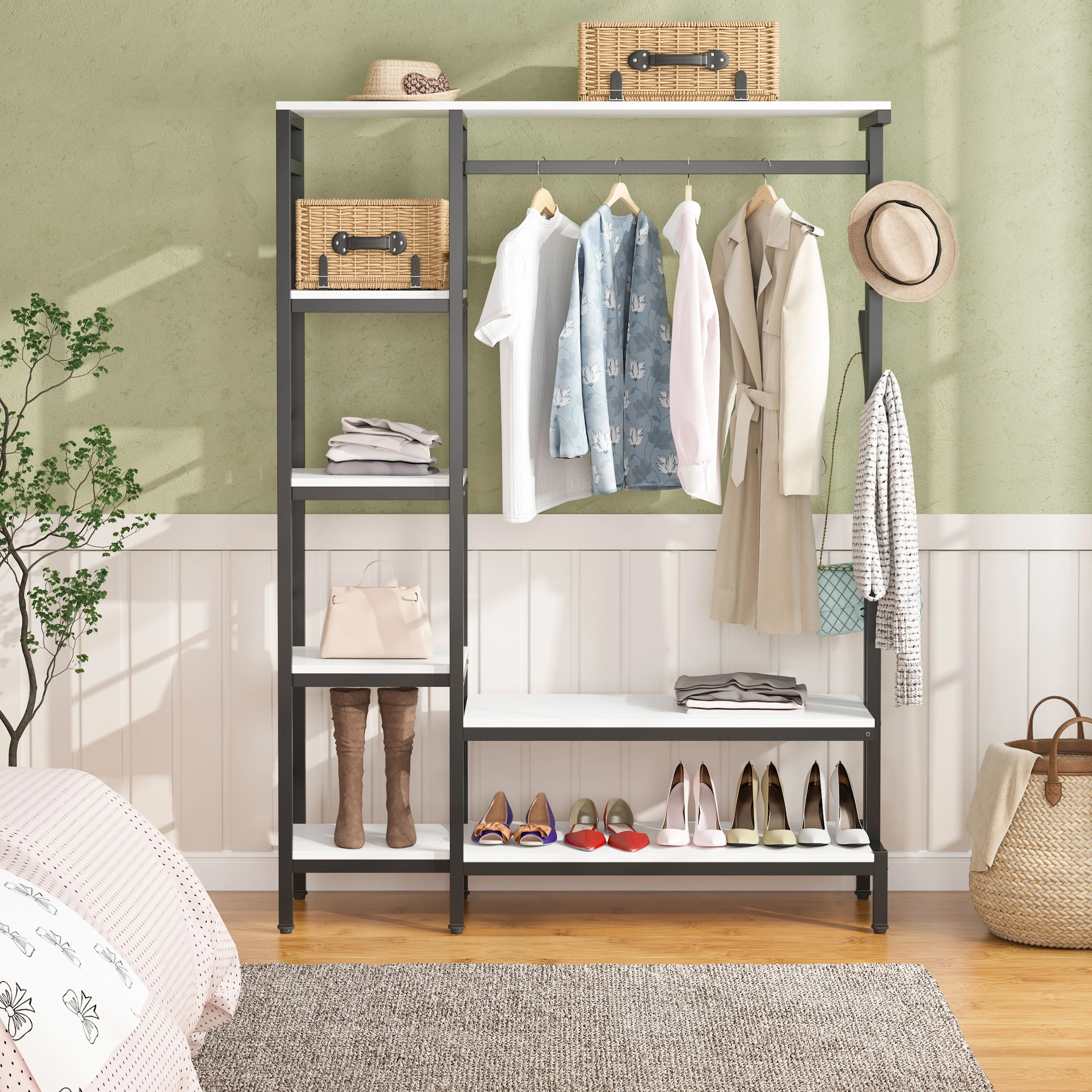 Free-standing Closet Organizer with Hooks, Garment Rack, Coat Rack with Shoe Bench