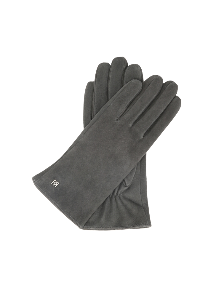 Grey women's gloves in soft suede with subtle logos