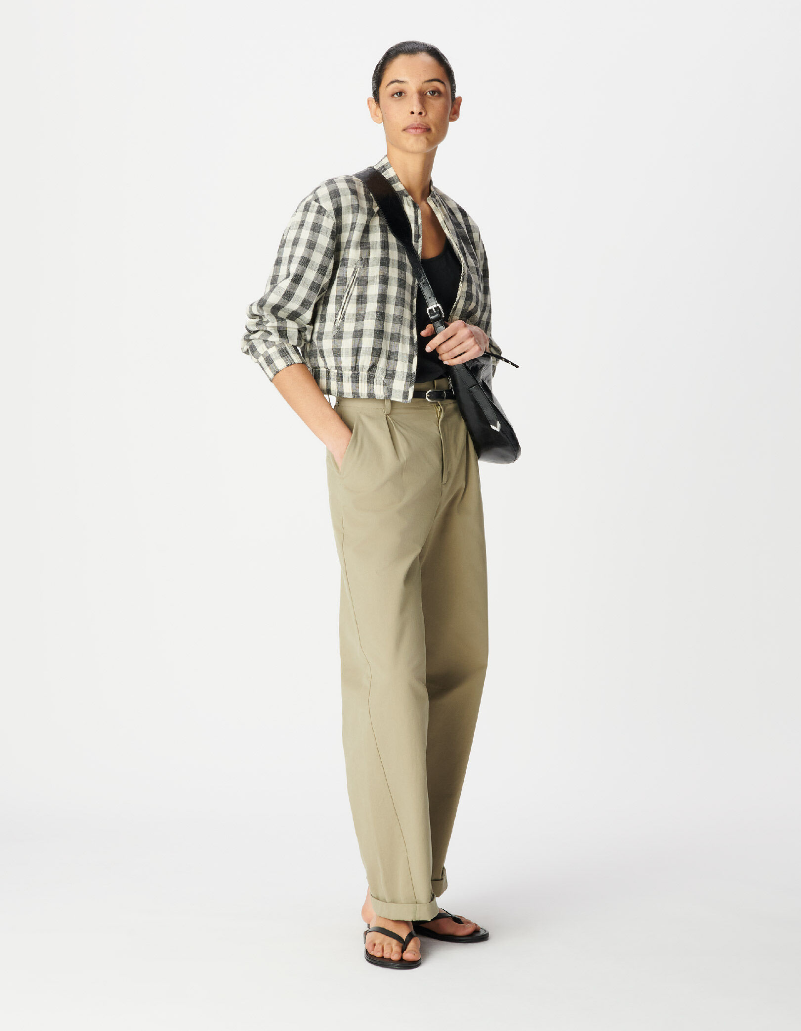 Blouson court écru motif carreaux Femme