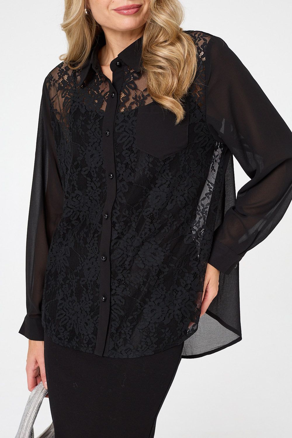 Izabel London Floral Lace Semi Sheer Long Sleeve Shirt