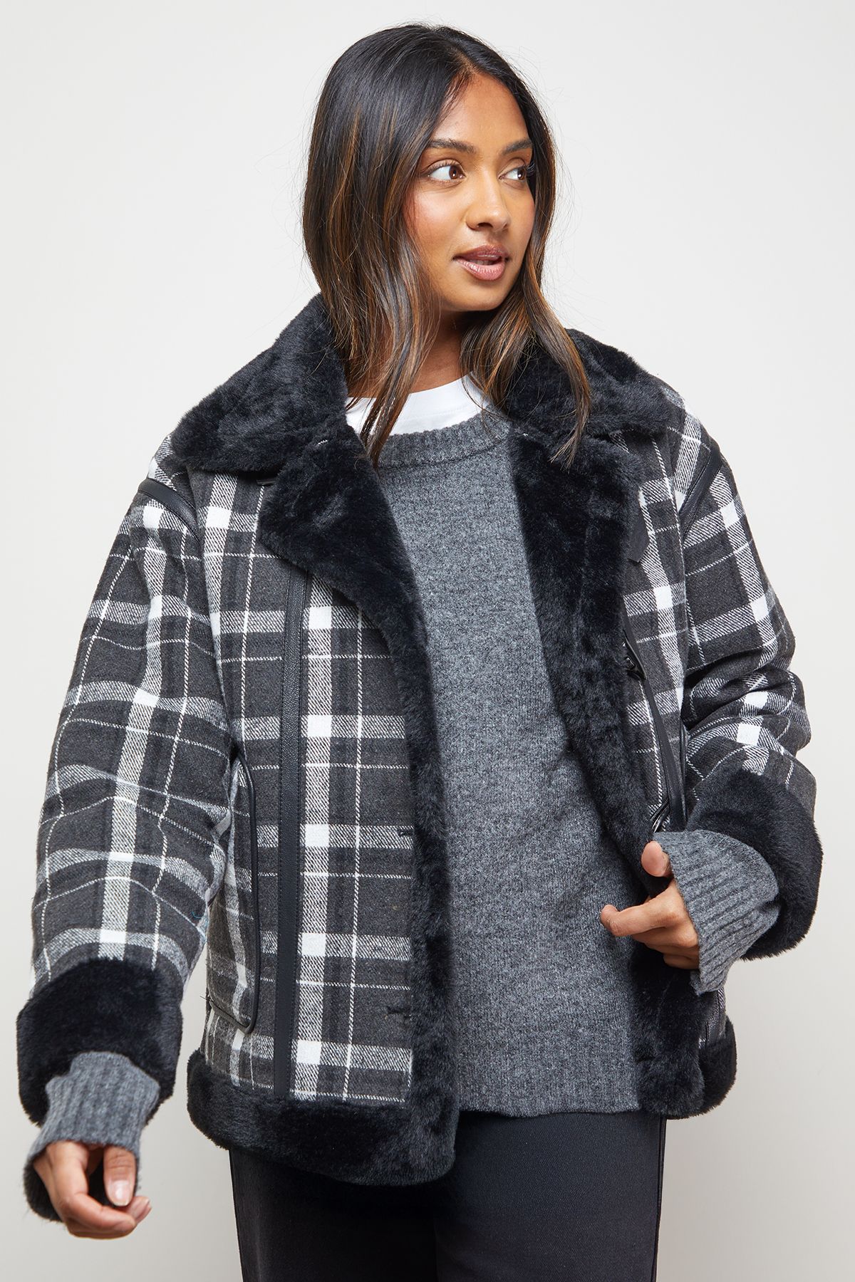 Oasis Shearling Trim Check Coat