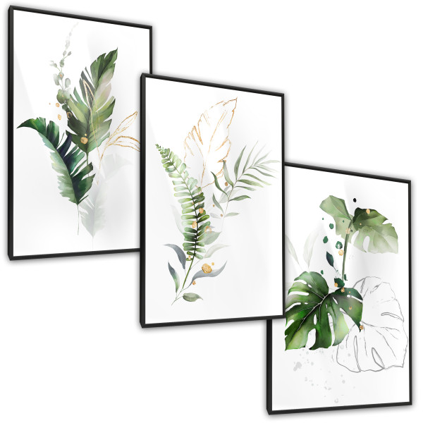 ZESTAW 3X Plakat W Ramie Akwarele Liście Tropikalne 30x40cm