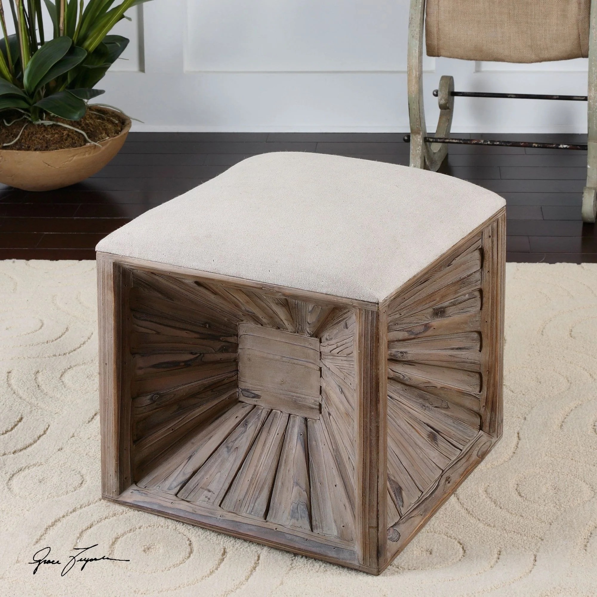 Uttermost Jia Wooden Burst Base Ottoman