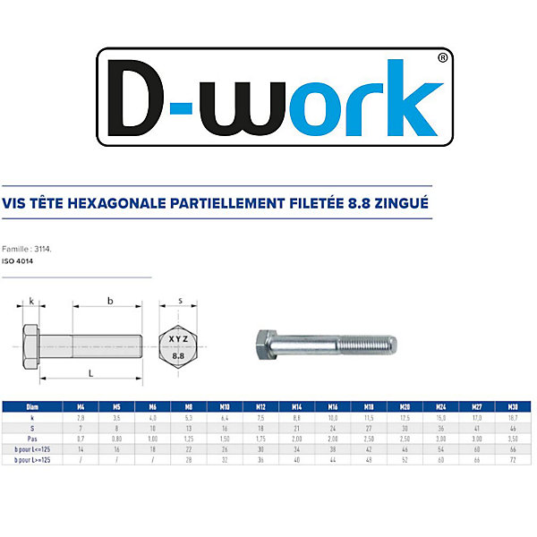 50 Vis Métaux Tête Hexagonale F/Partiel 8 x 110 mm - 4014 - 8.8 - Zingué blanc - D-Work