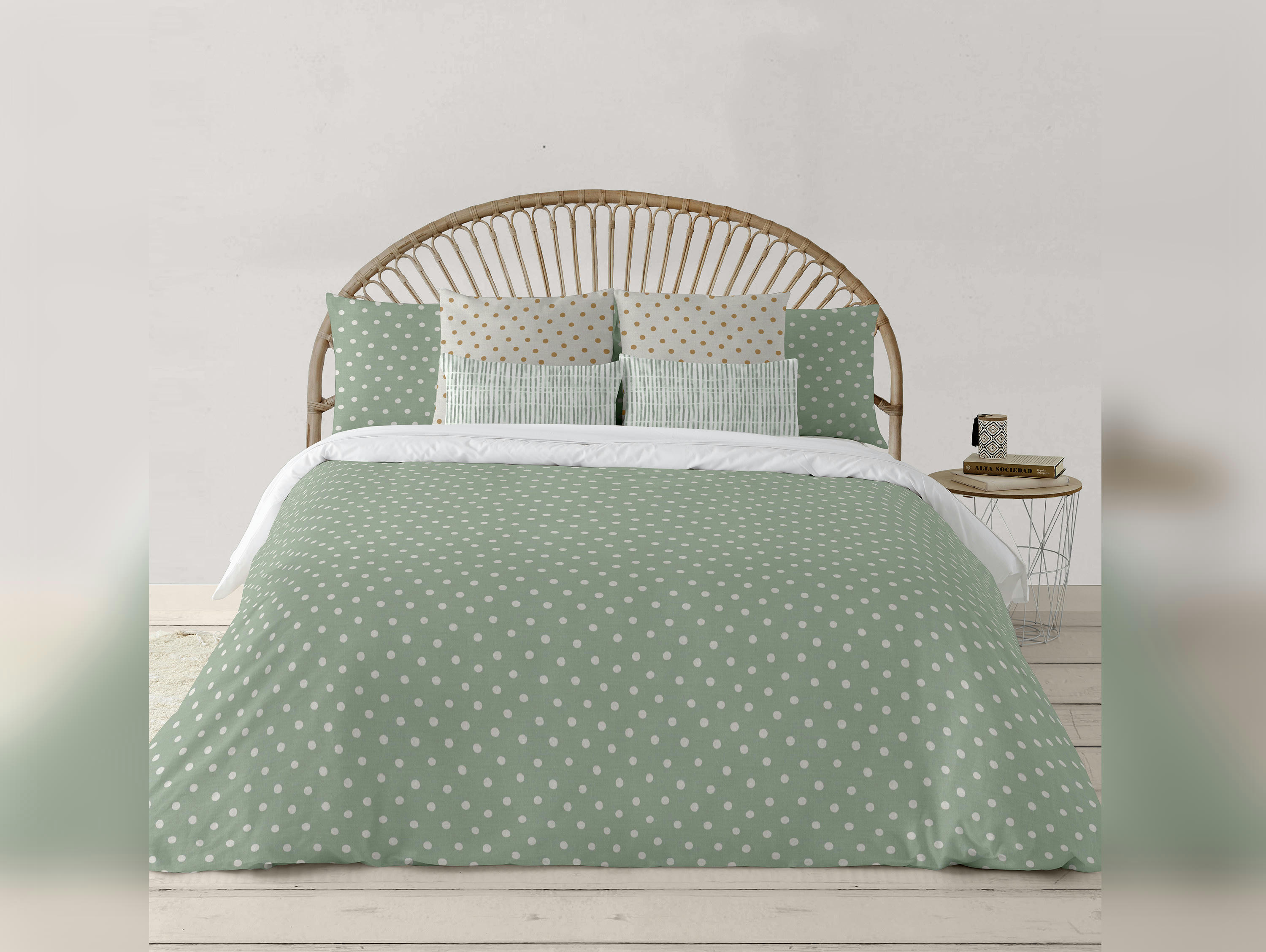 - Housse de couette 100% coton 1 pièce vert à pois blancs 200 x 240