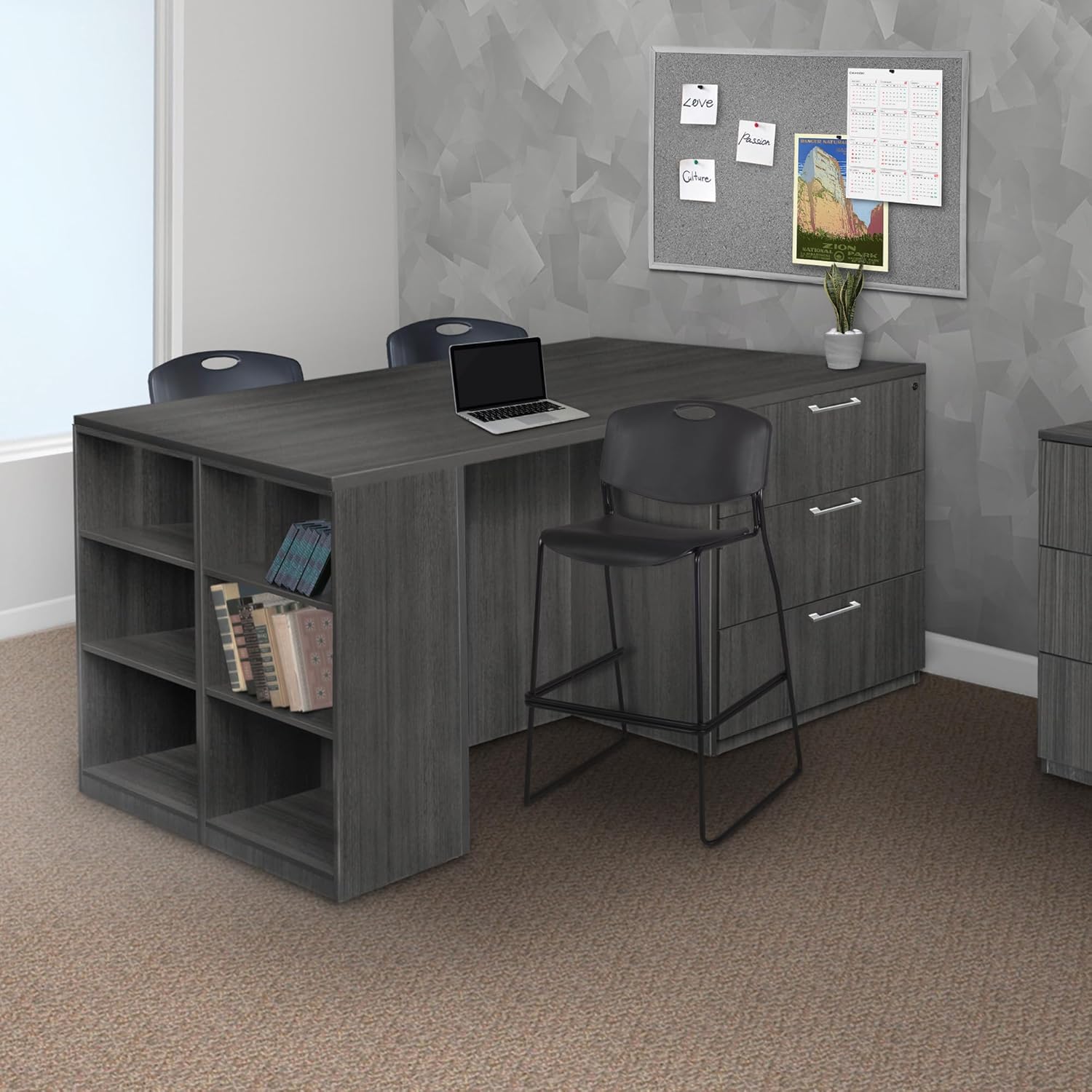Romig Regency Legacy Stand Up Lateral File/3 Desk Quad with Bookcase End  Ash Grey