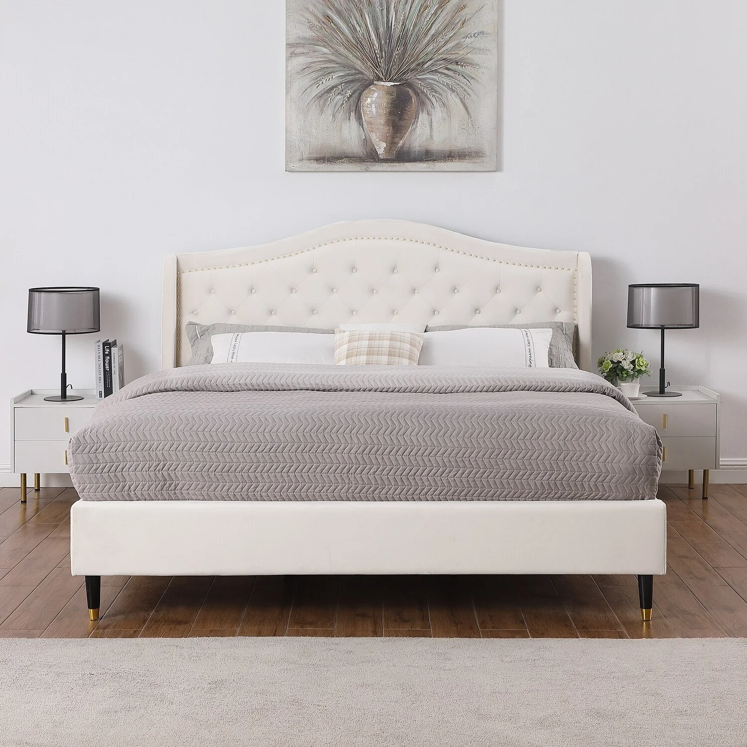 King Size Velvet Upholstered Platform Tufted Bed Frame with 6 inch Metal Legs by Morden Fort