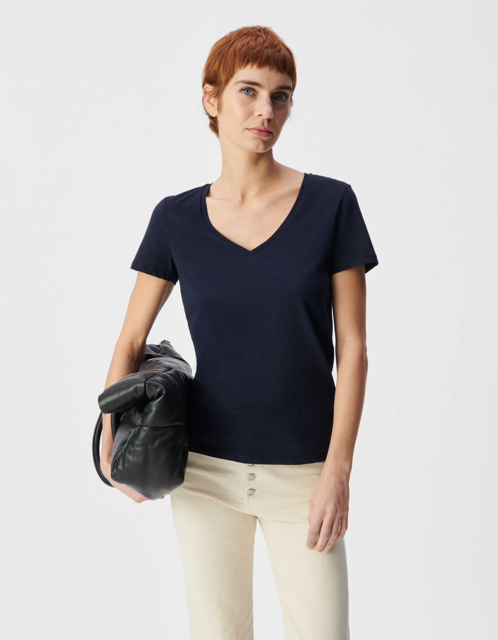 Tee-shirt encolure V marine broderie chevrons dos Femme