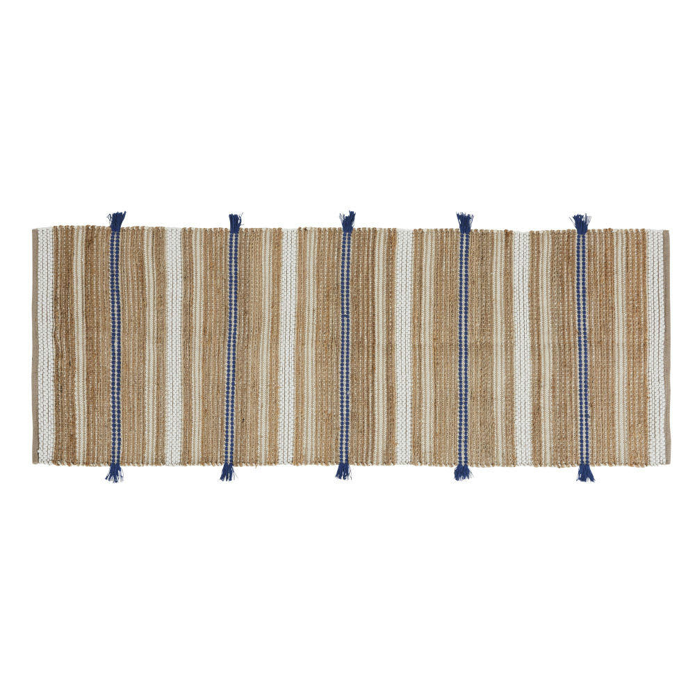 JDID - Tapis de couloir en jute et coton recyclé tissés à motifs beiges et bleus 80x200