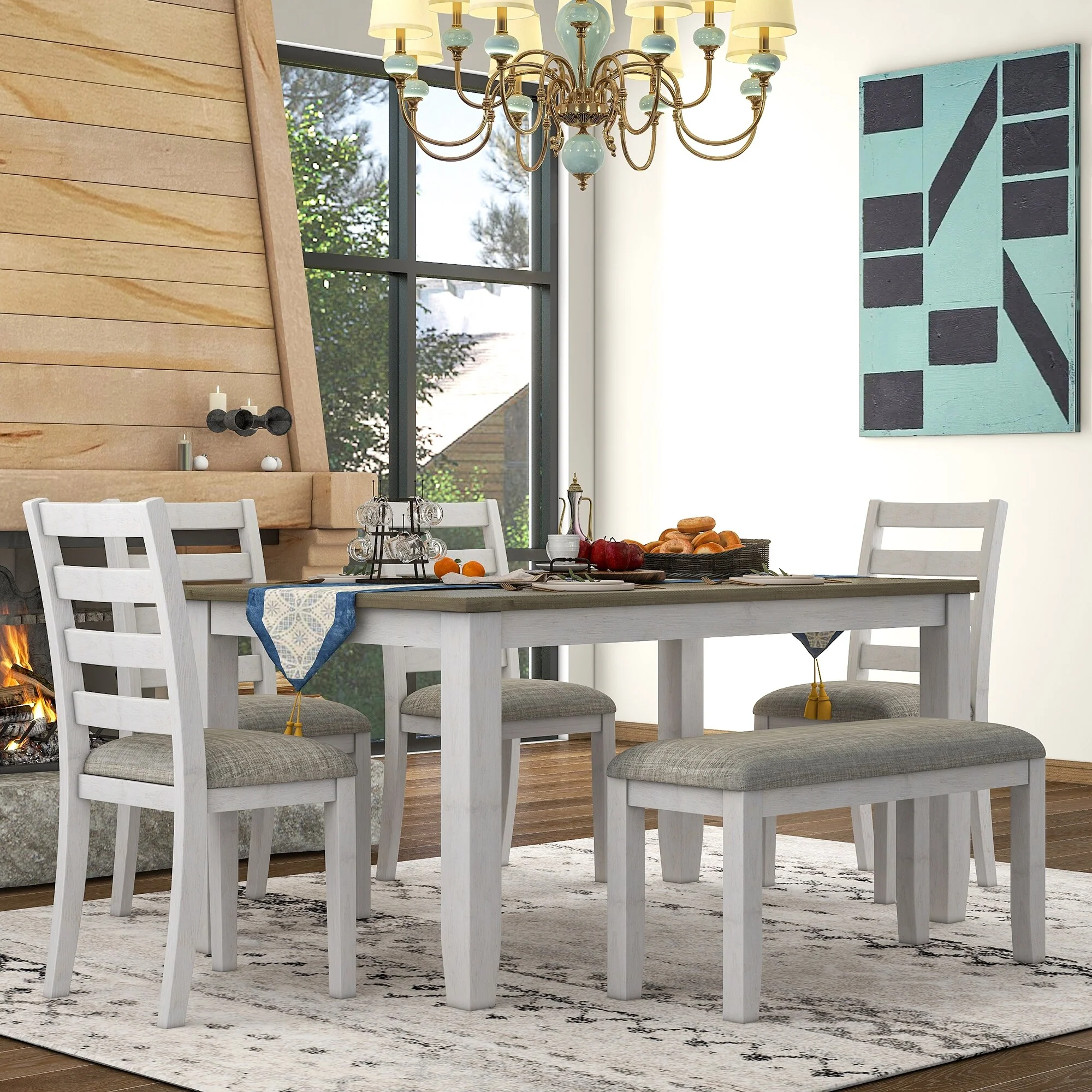 Brown+Whitewash 6-Piece Wooden Dining Table Set with Rectangular Table, 4 Chairs & Bench