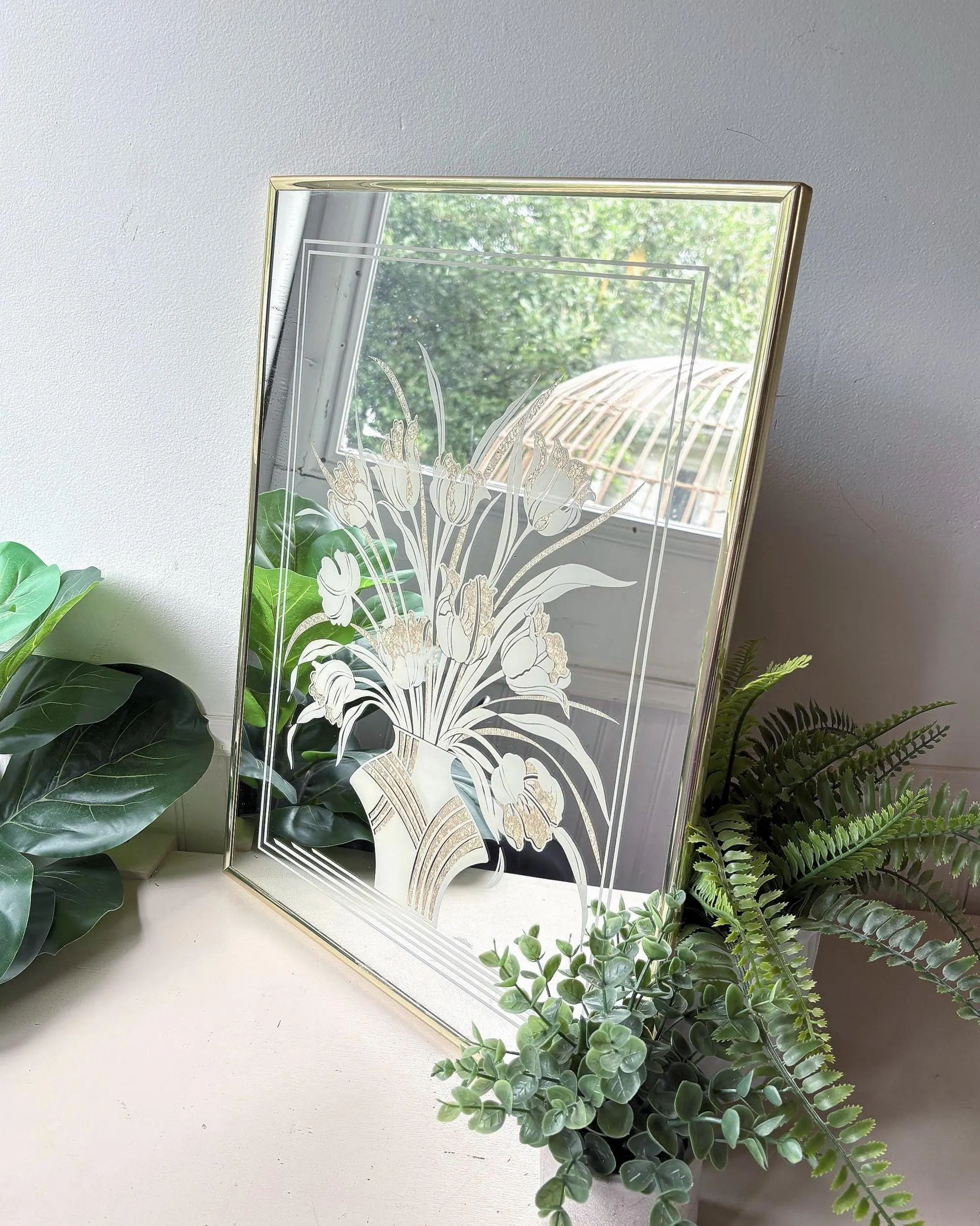 Signed Etched Floral Wall Mirror, Vintage 1970s Art Deco Revival Gold Foil Hollywood Regency Wall Decor
