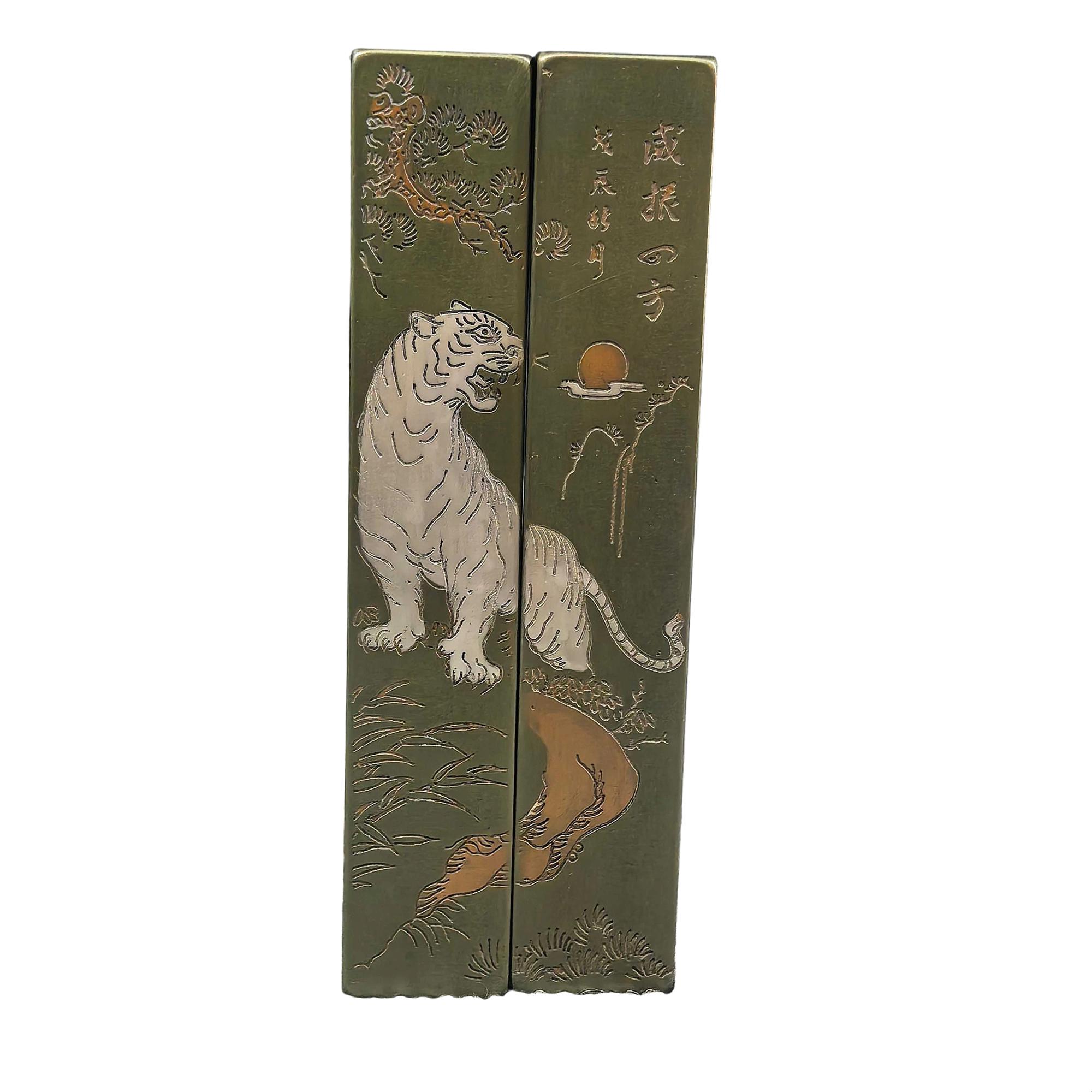 Vintage Bronze White Tiger Paperweight Set, Chinese Calligraphy Desk Decor & Zodiac Gift
