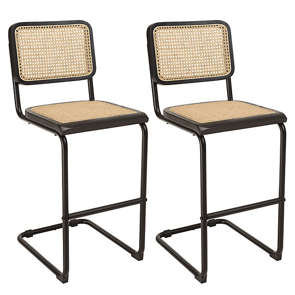 Lot de 2 tabourets d'ilot bois noir/rotin naturel pieds métal