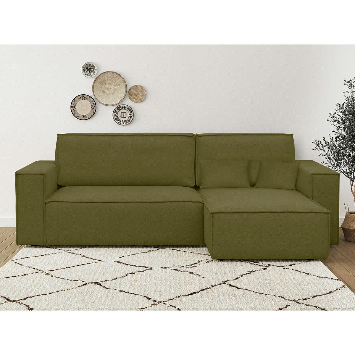 LIVIA NEW - Canapé d'angle convertible 4 places en tissu vert olive