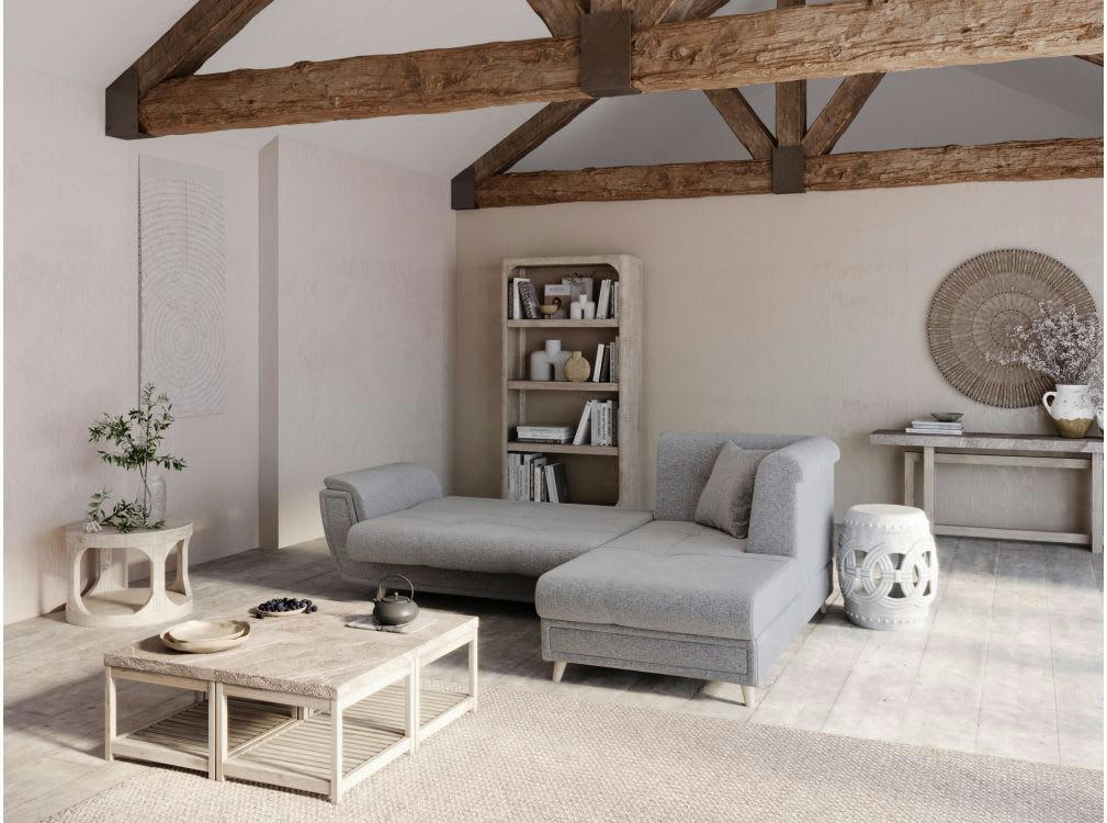 FLAVIE - Canapé d'angle droit 5 places convertible en tissu - Gris