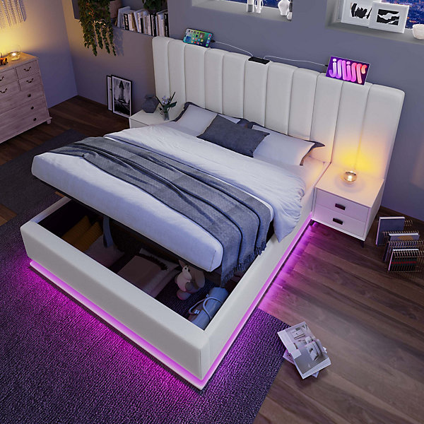 Lit Coffre 160 x 200 Cm - Lit Double Capitonné avec LED et Charge USB-C - Métal, PU, Bois Massif - Sans Matelas - Blanc