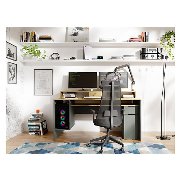 Bureau ordinateur 160cm collection ROXI coloris chene et gris avec rangements