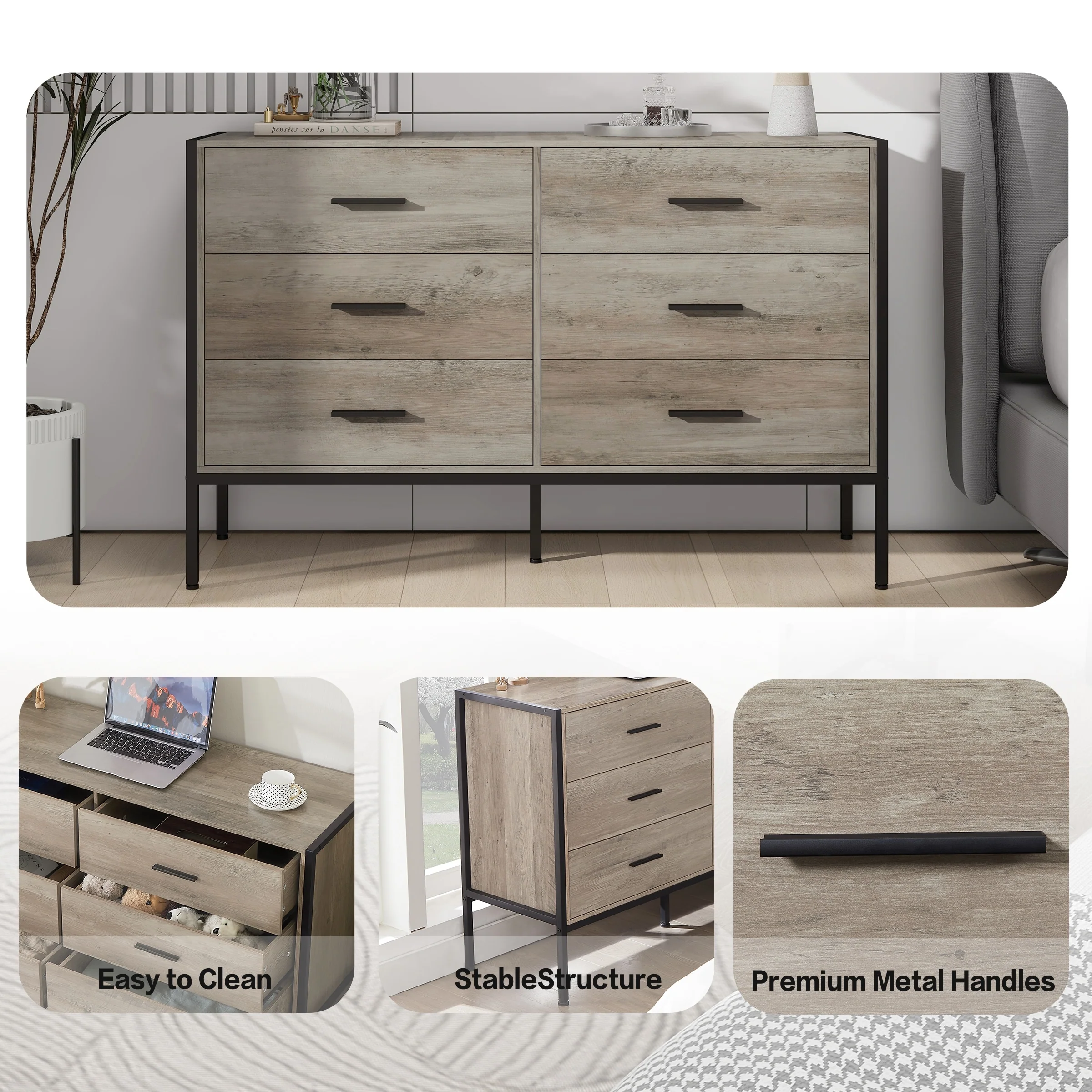 6-Drawer Double Dresser, Wooden Storage Closet for Bedroom, Solid Clothes Cabinet with Sturdy Steel Frame