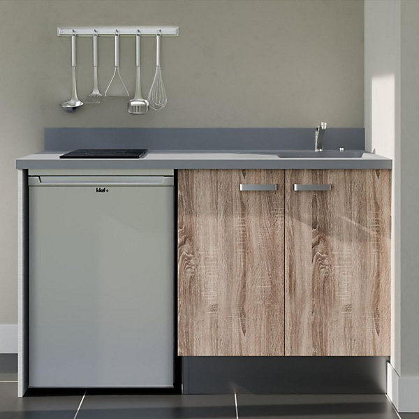 Kitchenette K17 - 140 cm - façades Bois - Plan monobloc en quartz coloris Cromo évier à droite - Electroménager Inox