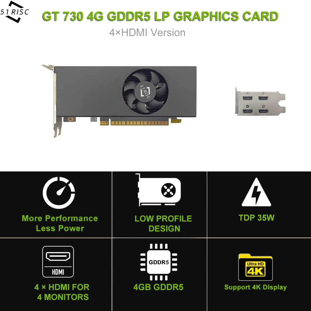 51RISC GT 730 4GB LP Graphics Card, 4 HDMI Ports Low Profile GDDR5 Small Form Factor Video Card for Gaming 8K Display Desktop/Mini PC SFF Video Card (GTX 730 4G 4×HDMI LP)