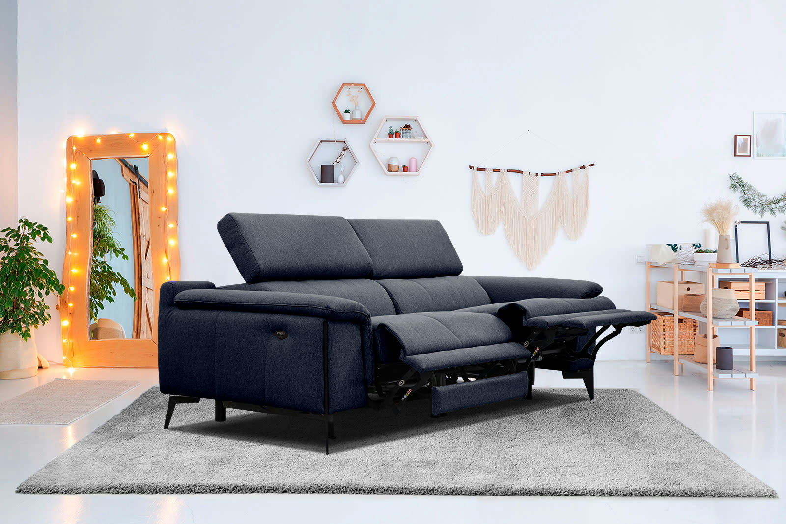 MATERA - Canapé droit 3 places avec 2 relax électrique tissu bleu