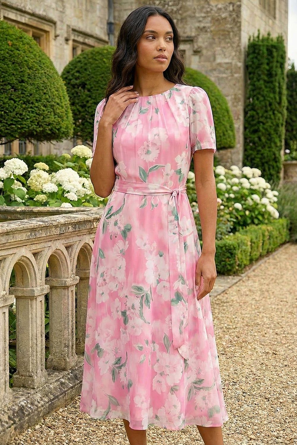 Roman Floral Print Pleat Neck Midi Dress