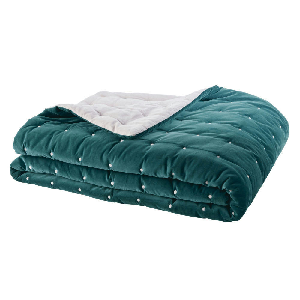 - Boutis réversible en velours bleu canard et beige 240x260