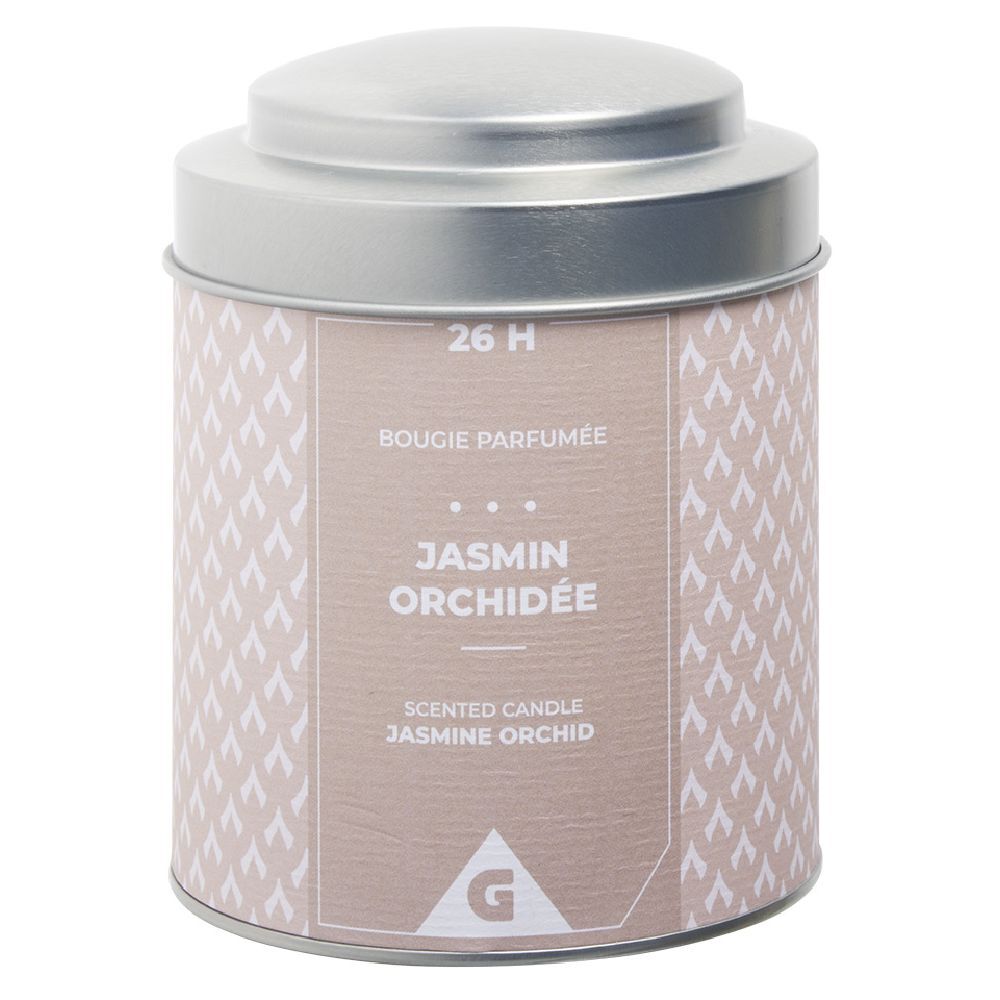 Bougie parfumée pot métal gris et beige senteur jasmin orchidée 26H