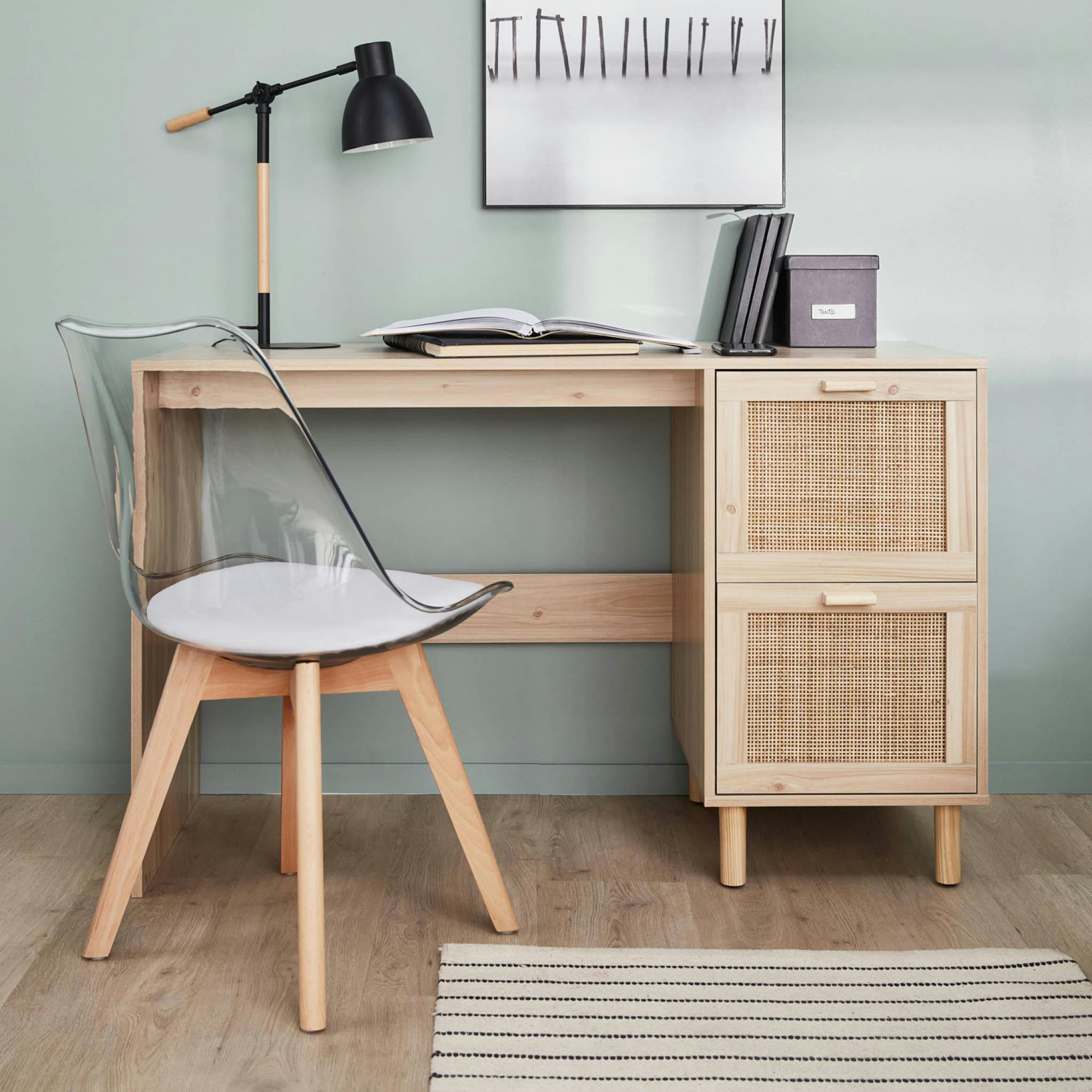 CAMARGUE - Bureau décor bois et cannage, 120cm, 2 tiroirs