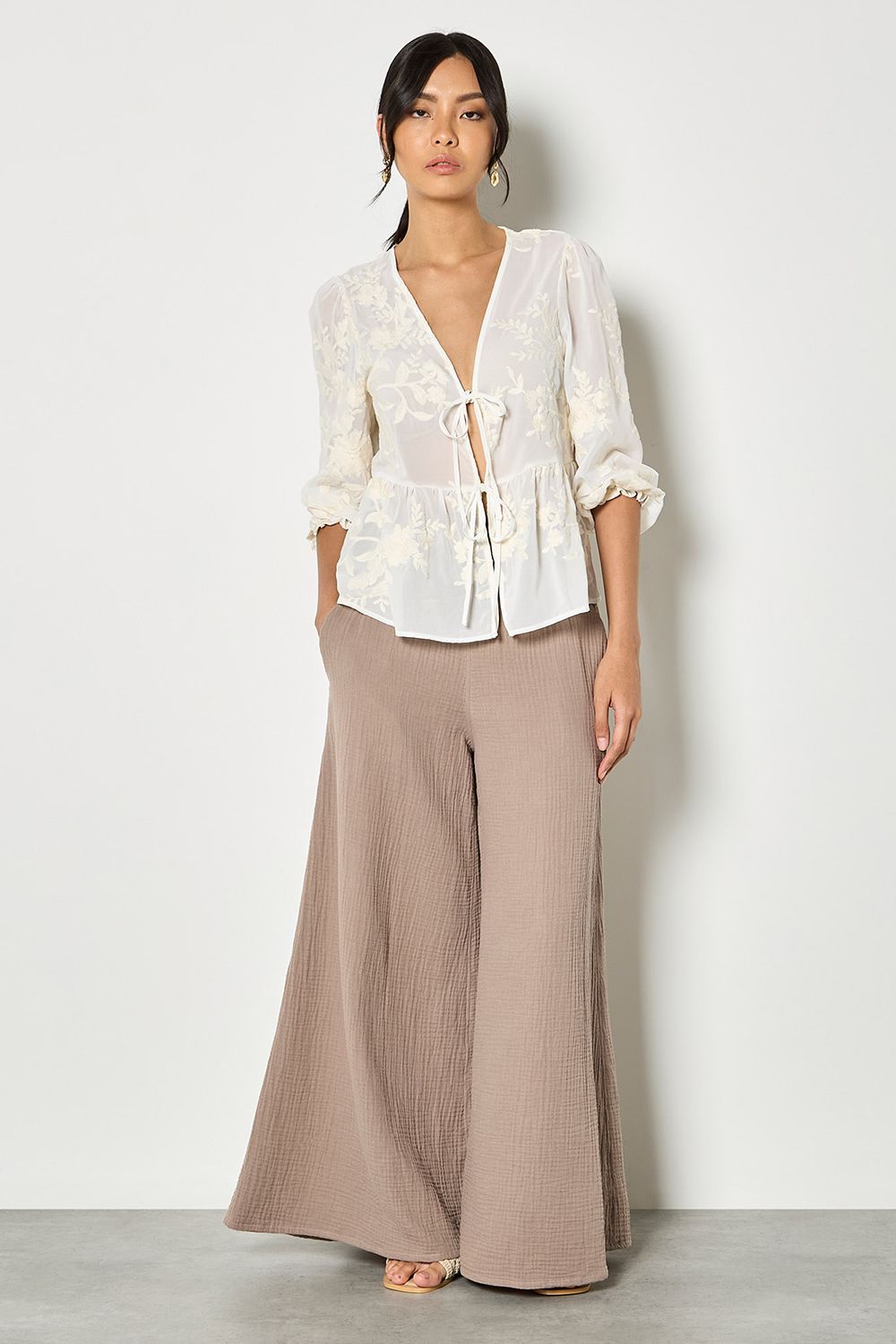 Apricot Embroidered Floral Chiffon Top