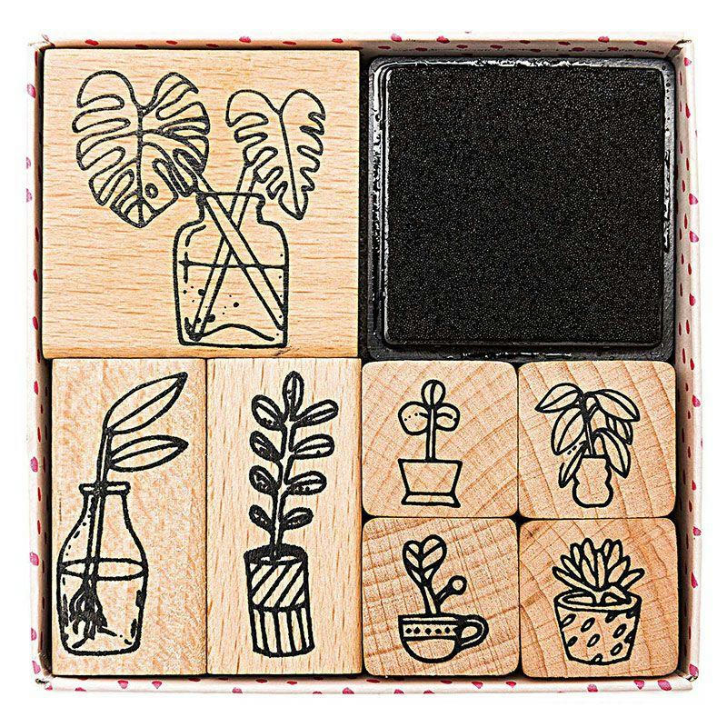 PLANTES - 7 tampons en bois avec encreur plantes d'intérieur