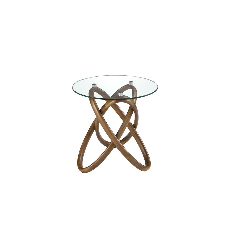 - Table d'angle ronde en verre trempé et noyer
