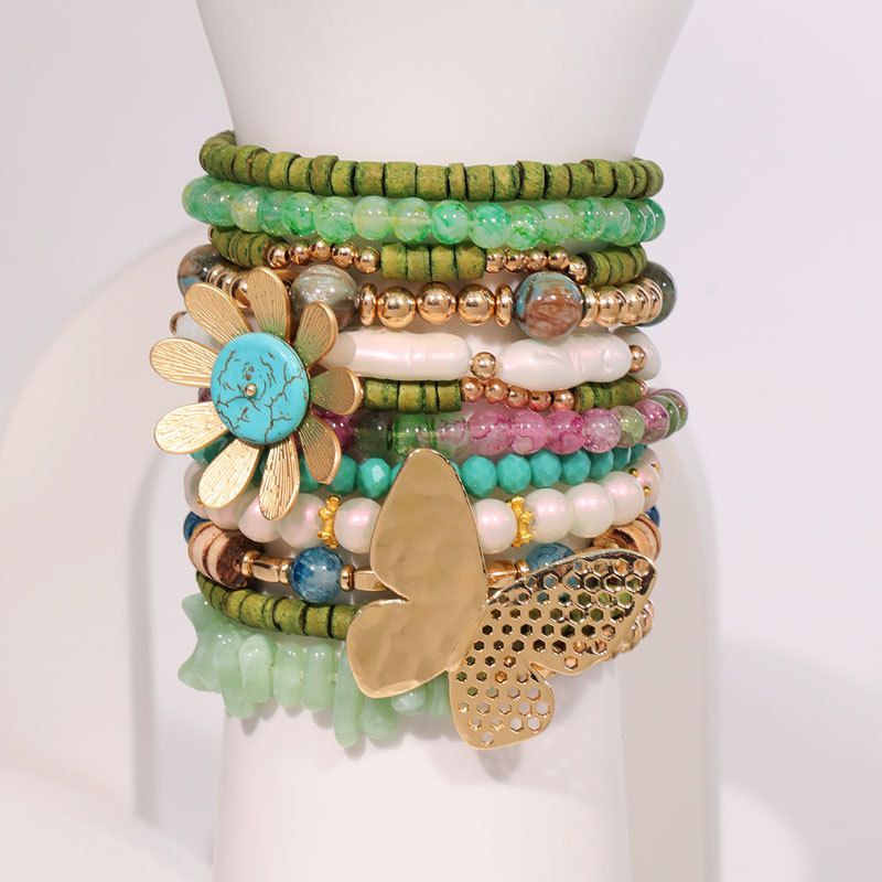 PEACH ACCESSORIES Butterfly & Daisy Multi-Layer Green Stacked Bracelet
