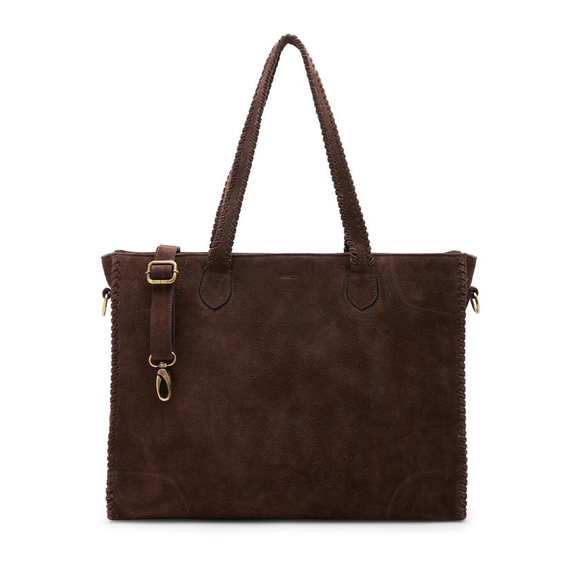Manfield Donkerbruine suède shopper met gevlochten details