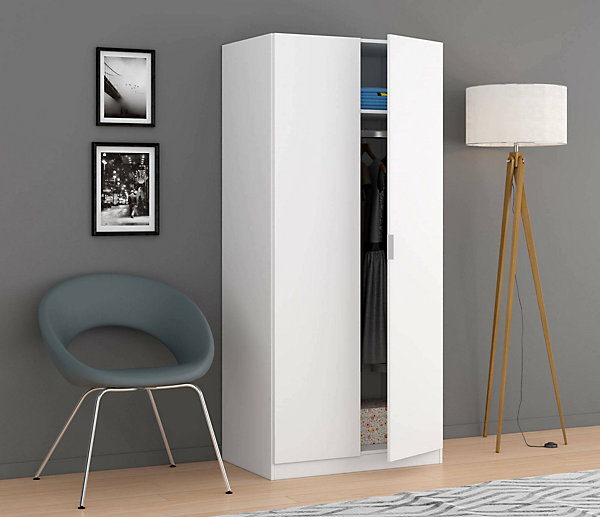 Garde-robe 2 portes Orange, Armoire de Chambre, Meubles de Chambre avec 1 étagère et tringle à vêtements, 82x52h180 cm, Blanc