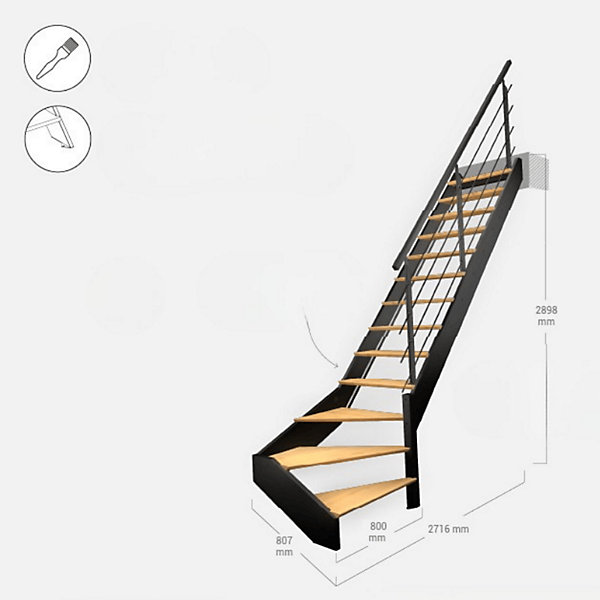 Escalier bois quart-tournant droit noir avec garde-corps à LED intégrées, Diverso KORDO