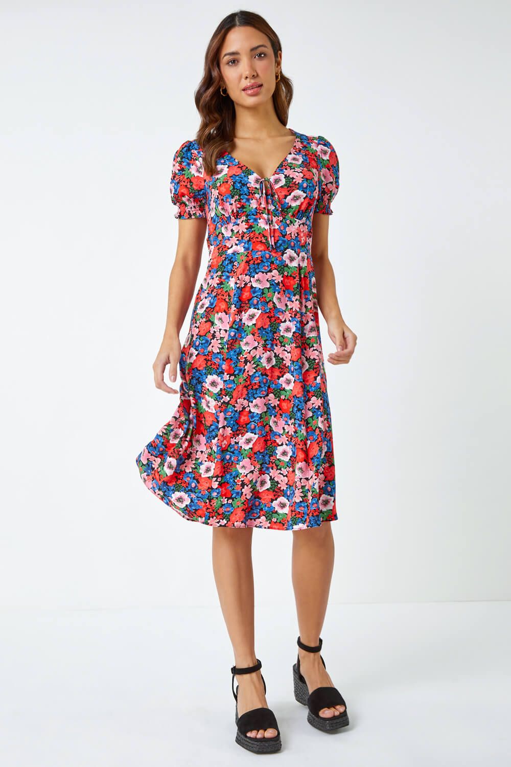 Roman Frill Sleeve Floral Tea Dress