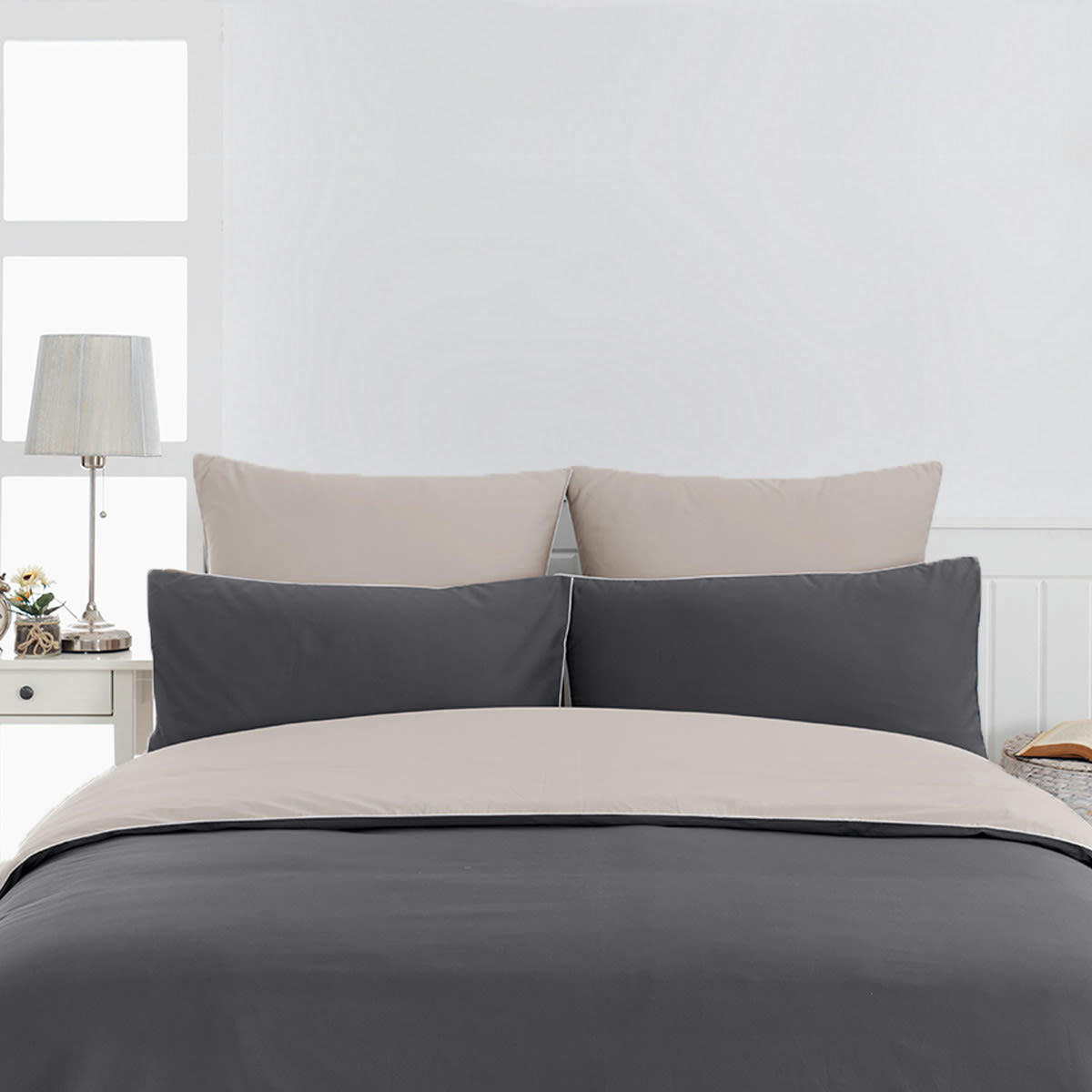 DOZMARY - Housse de couette bicolore en percale coton Anthracite/Gris 240x220 cm