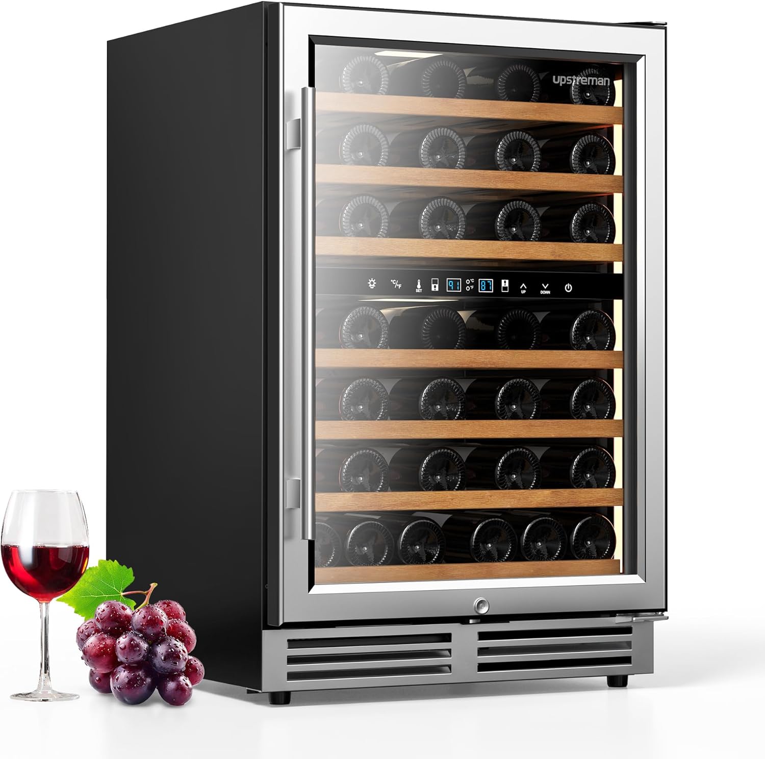 Upstreman 24 Inch Wine Fridge, 54 Bottles Dual Zone Wine Cooler Under Counter, Built-in or Freestanding Wine Fridge with Stainless Steel Glass Door for Home, Bar, or Kitchen