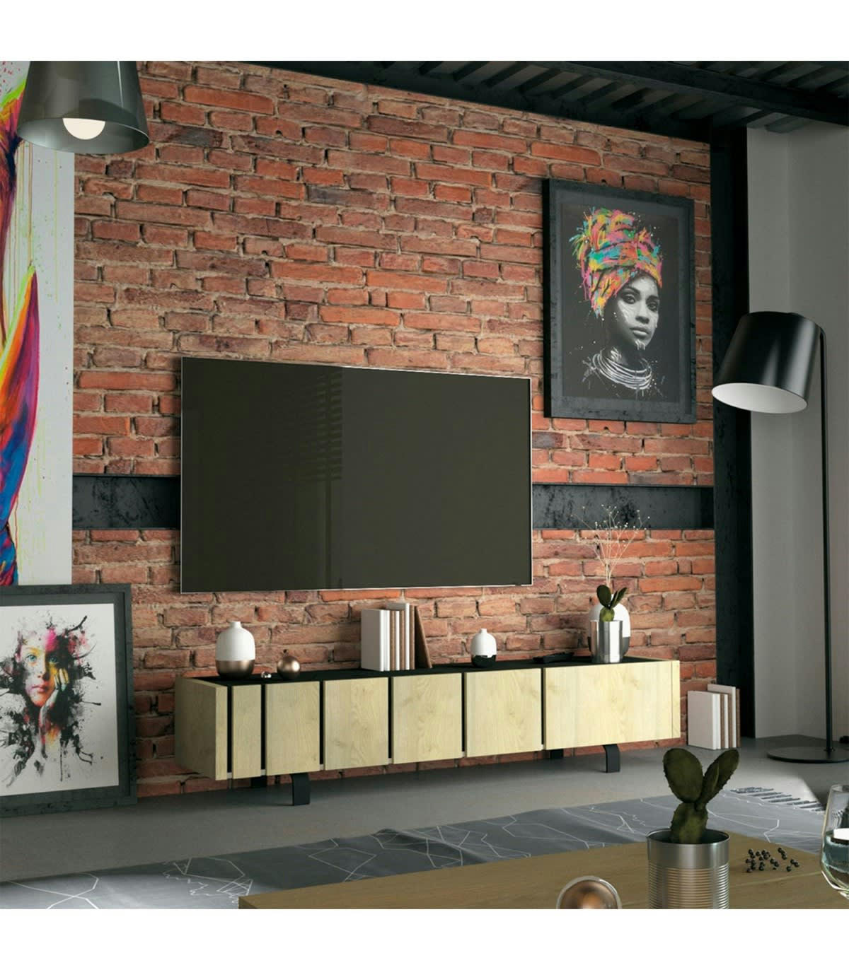 RUSH - Meuble TV 3 portes effet Chêne et plateau Noir