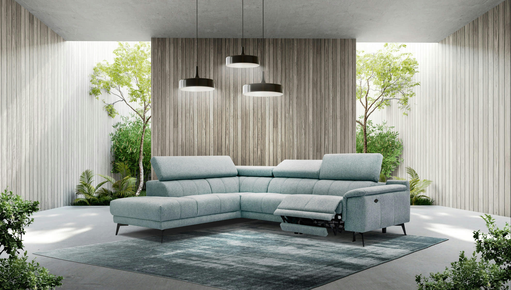 FIERO - Canapé d'angle gauche 5 places relax électrique tissu bleu clair