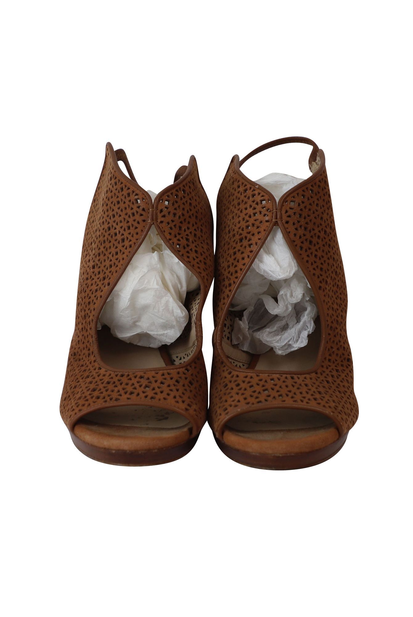 Tory Burch Preloved Laser Cut Peep-Toe Sandals in Brown Leather