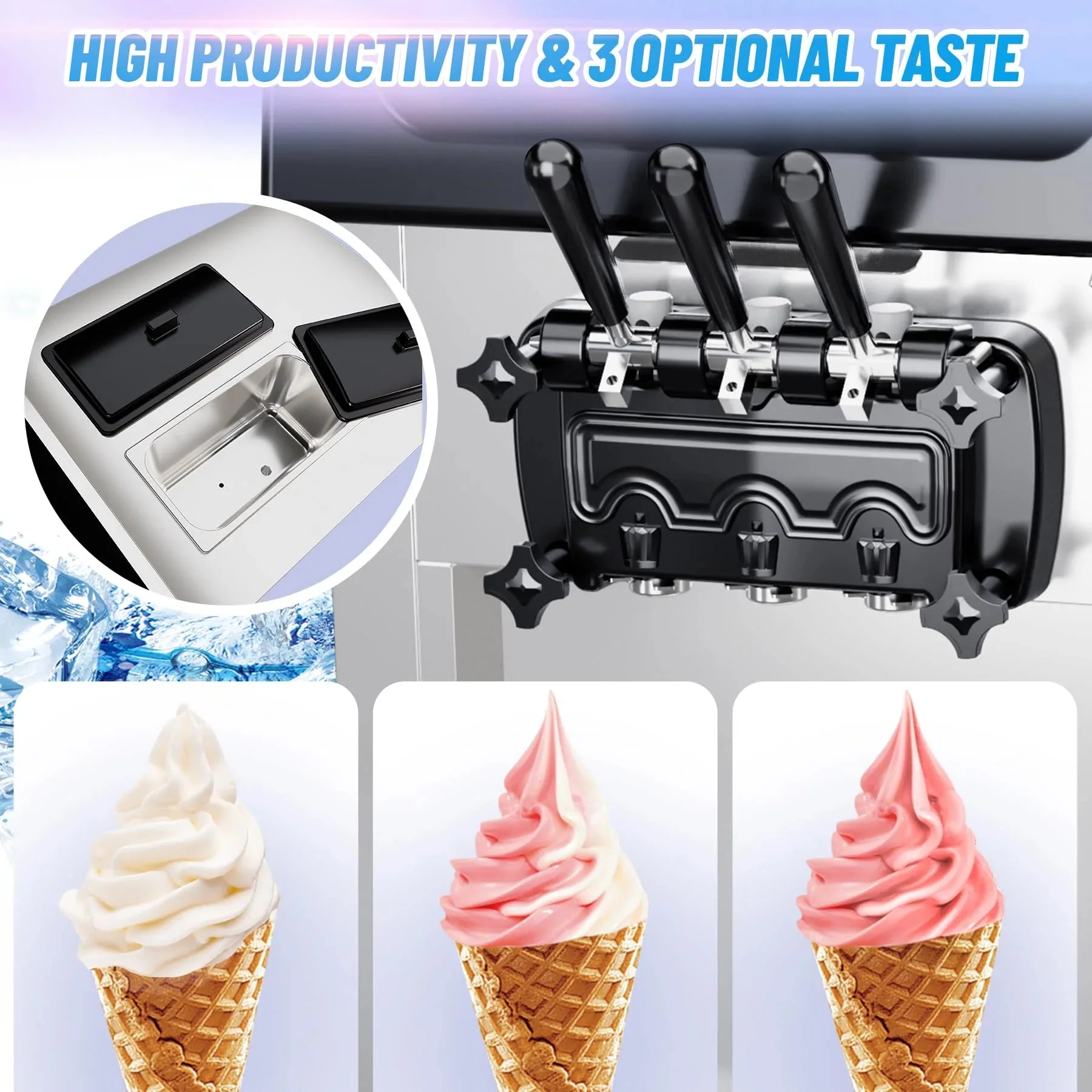 2200W Commercial Ice Cream Machine, 3 Flavor Soft Serve Ice Cream Machine, 5.3-7.4 Gal/Hr, with LCD Touch Screen, Automatic Cleaning, High Productivity for Home Snack Bar  Restaurants