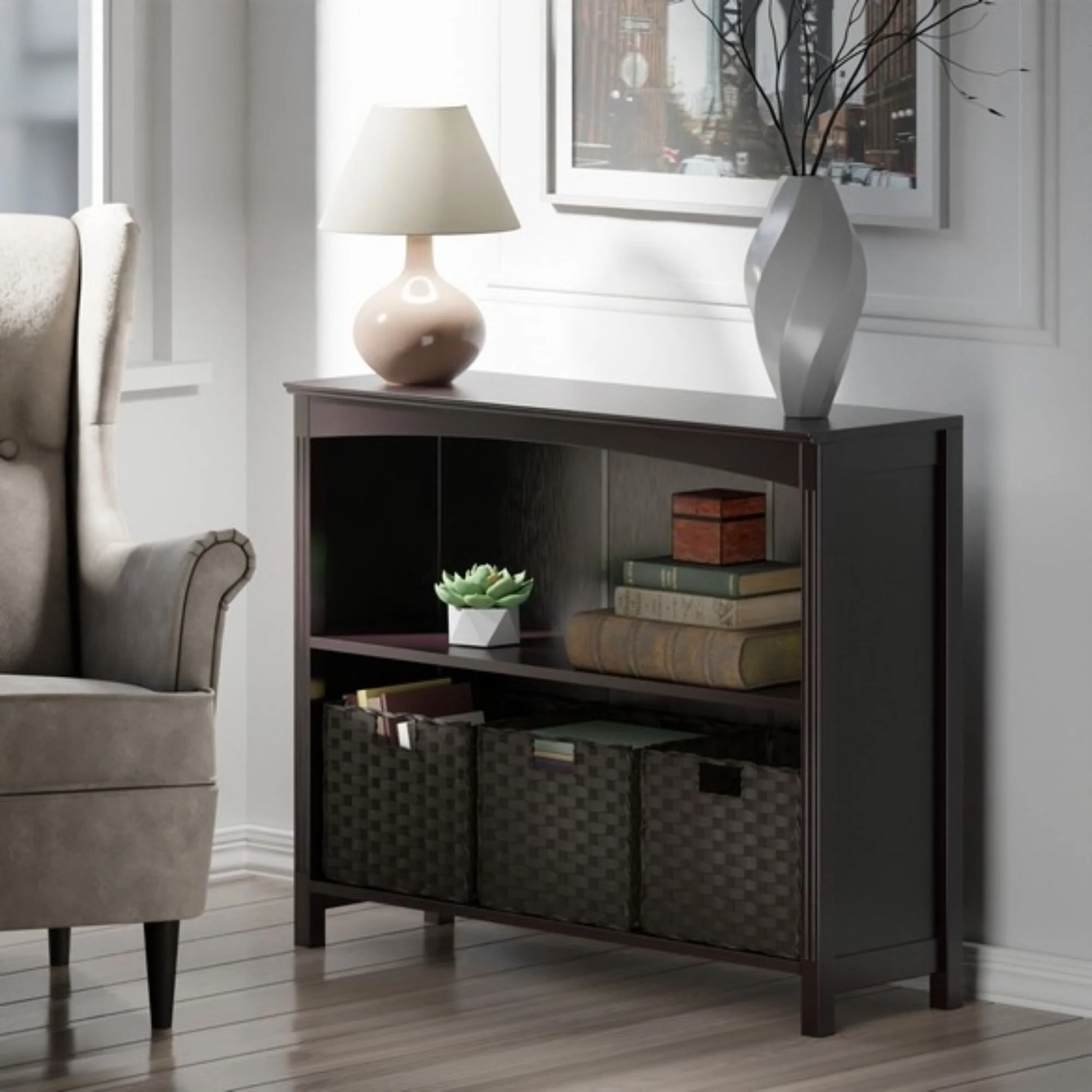 4 Pc Storage Shelf with 3 Foldable Woven Baskets - 37 - Walnut and Chocolate