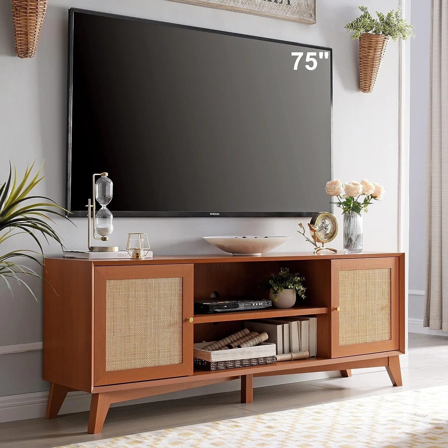 Mid-Century Modern Rattan TV Stand for 75'' TV, Entertainment Center