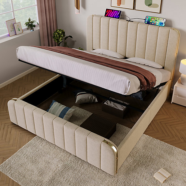 Lit 140x200 cm tapissé lin beige, design contemporain, avec rangement hydraulique et tête de lit intégrée