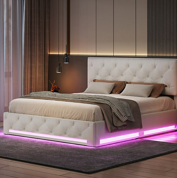 Lit 160x200cm, Espace De Rangement, Sommier à Lattes, Eéclairage LED Et Tête De Lit Relevable, Beige